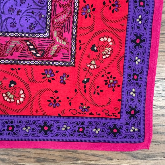 Vintage Oscar de la Renta Paisley Floral Silk Scarf Purple Pink Multicolor 31"sq - Picture 7 of 9